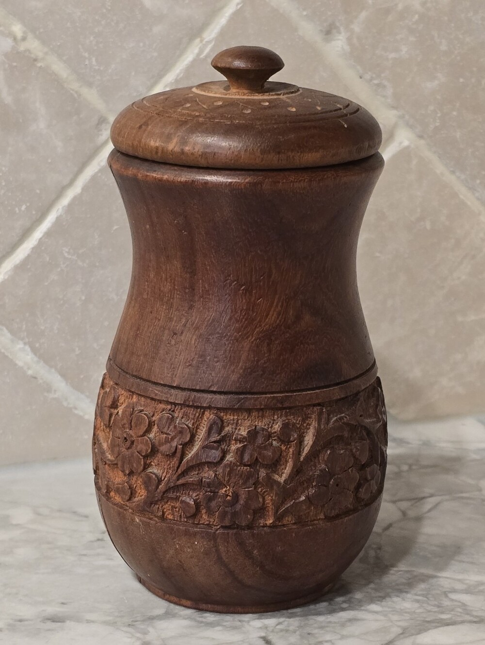 Vintage Turned Wood Art Floral Carved Lidded Storage Jar Canister Organic Modern